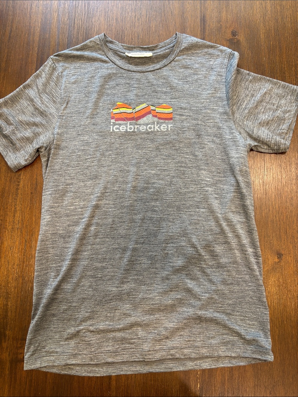 Icebreaker Gray Tee with Multicolor Layered Mountain Logo
